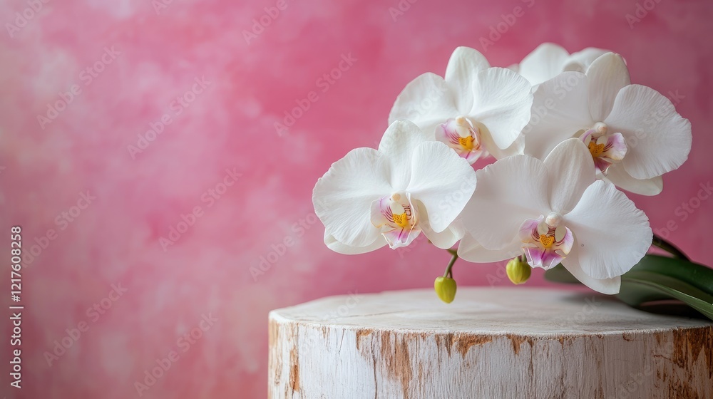Poster white orchids on a wooden surface with a soft pink background and ample copy space for text graphics
