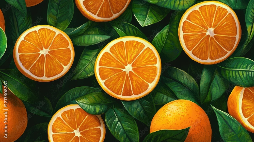 Poster freshly sliced oranges and whole oranges surrounded by green leaves on a dark background with copy s