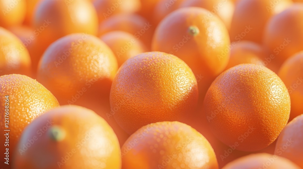 Poster close-up of fresh oranges with textured skin stacked together with soft background and ample copy sp