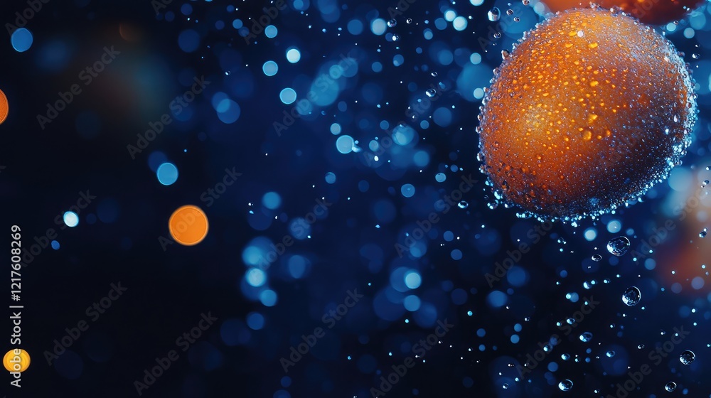 Poster close-up of a water-drenched spherical object with droplets on a dark blue background featuring boke