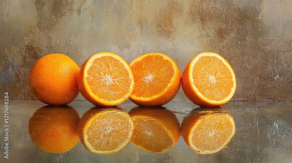 Poster fresh oranges arranged with sliced halves on reflective surface against textured golden background c