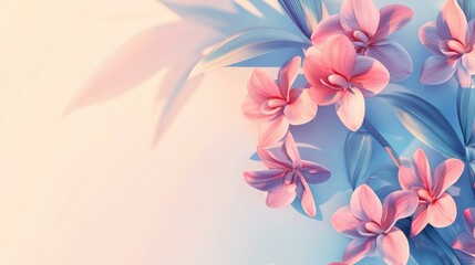 Obraz premium Pink orchids with blue leaves and soft background Copy Space for floral design or greeting cards