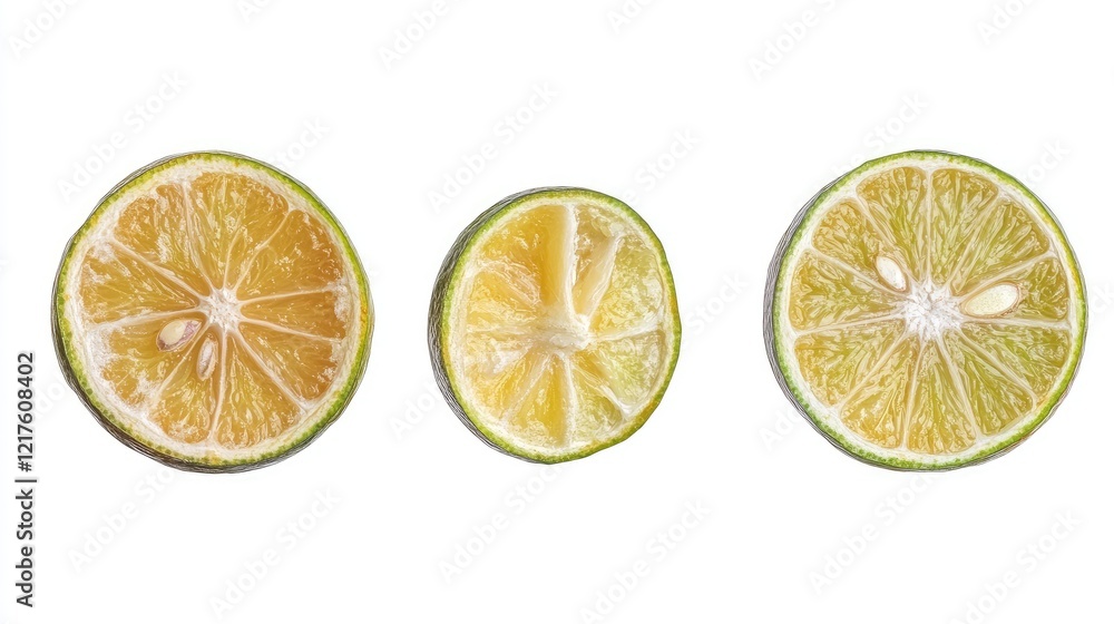 Poster sliced lime segments displaying varying ripeness and color against a white background with copy spac