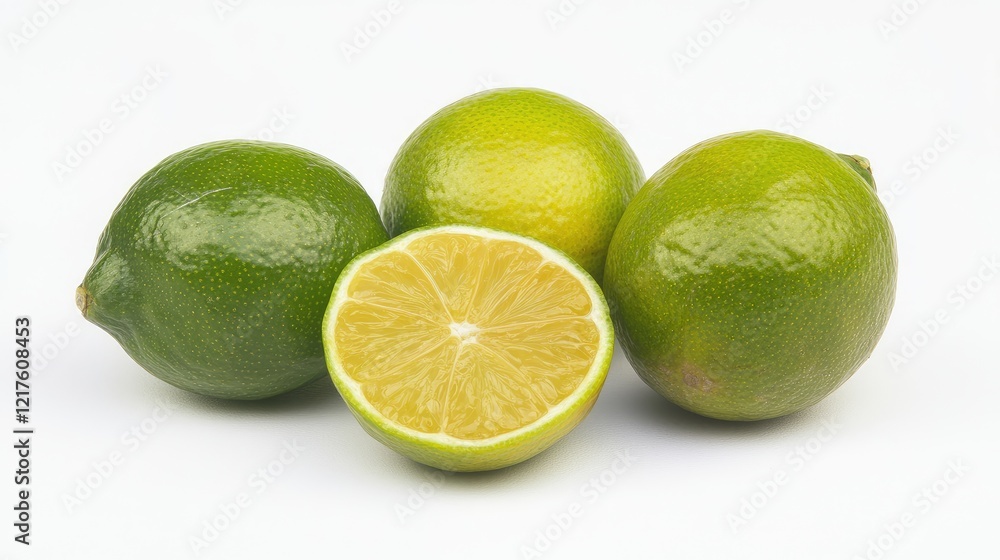 Poster fresh limes with one cut in half displaying juicy interior on white background with copy space for t