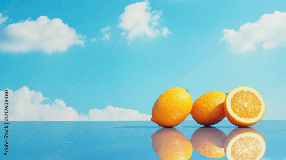 Poster fresh lemons and a sliced lemon displayed on a reflective surface against a blue sky with scattered 