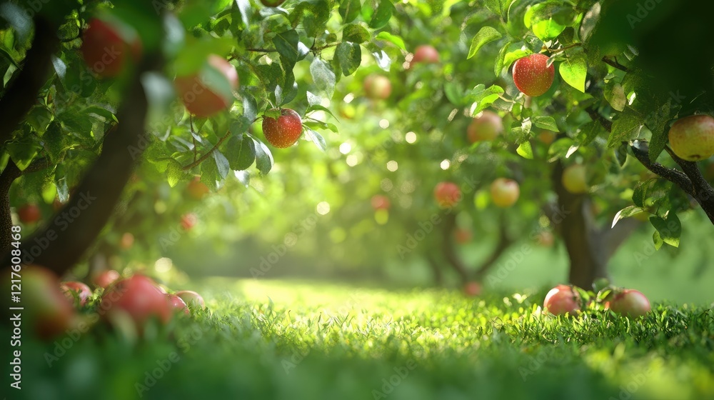 Poster apple orchard with ripe red apples hanging from trees in lush green surroundings with soft sunlight 
