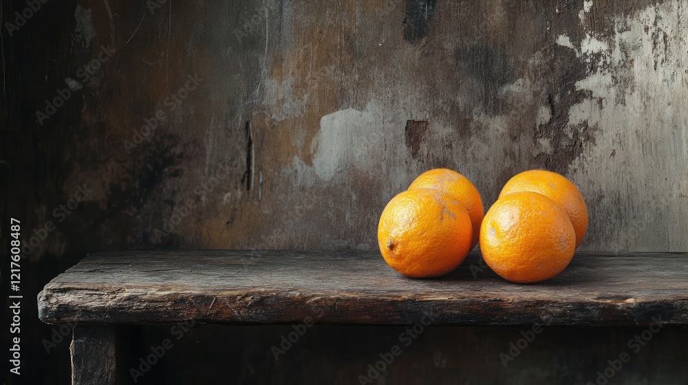 Poster fresh oranges arranged on a rustic wooden shelf against a textured weathered background with copy sp