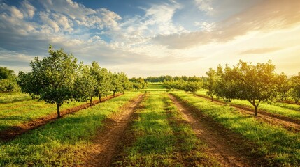 Obraz premium Sunlit orchard landscape with rows of mature fruit trees under a blue sky and fluffy clouds, showcasing lush green grass and soil paths, Copy Space