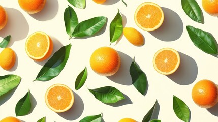 Obraz premium Fresh orange patterns with leaves on light background Copy Space