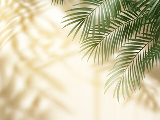 Palm leaves and shadows on beige wall. Light background with copy space