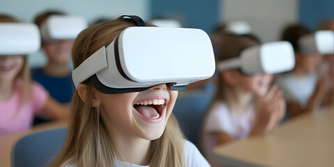 Excited children experience immersive virtual reality together in a classroom setting.  A joyful learning experience using modern technology.