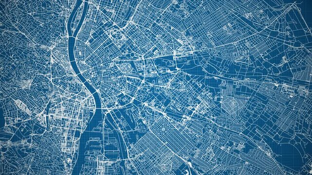Ink reveal animation of Budapest city, Hungary, grid map. Aerial top view. Blueprint style. White lines with blue background. 4K Seamless loop.