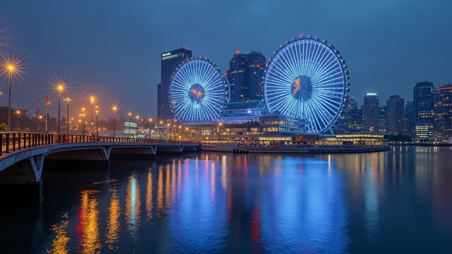 Illuminated Ferris Wheels at Night - Modern Urban Entertainment Complex