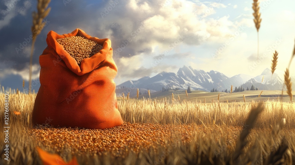 Poster wheat sack in a golden field with mountains in the background copy space for text placement