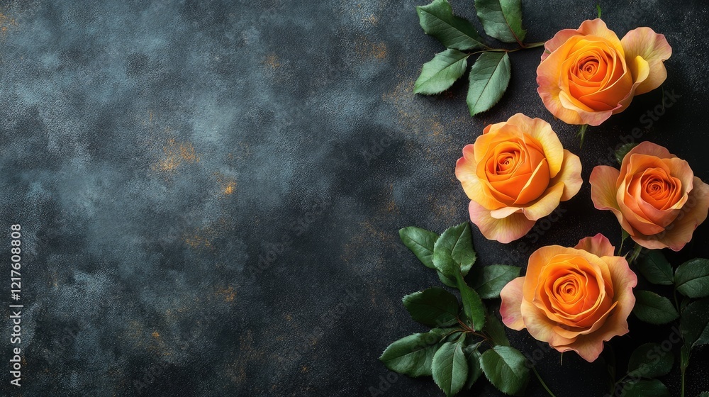 Poster orange roses with green leaves arranged on a dark textured background with copy space for text or de