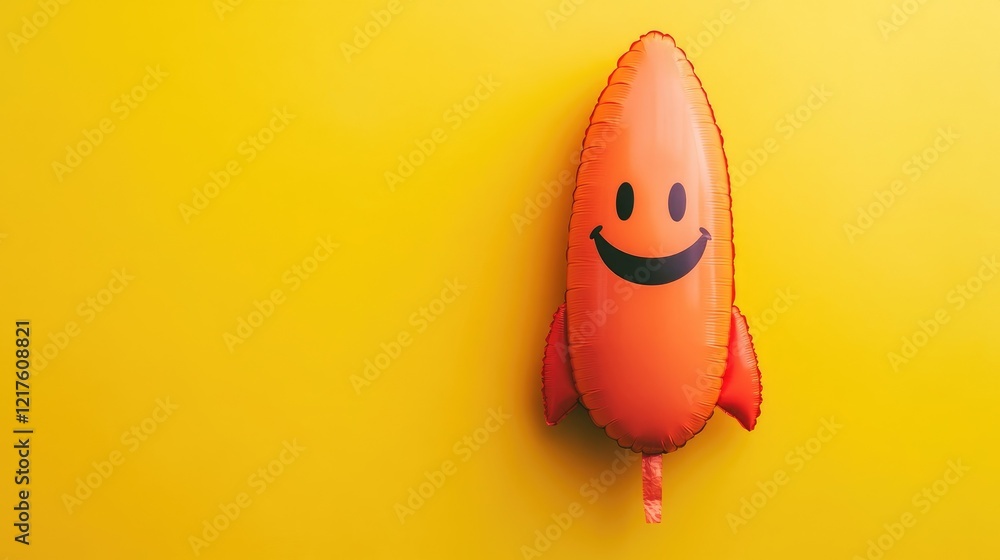 Poster smiling rocket-shaped balloon on yellow background with copy space for text placement