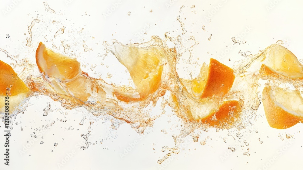 Poster sliced oranges splashing in water against a light background with copy space for text insertion