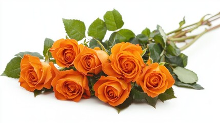Obraz premium Bright orange roses with green leaves arranged in a bouquet on a white background with Copy Space