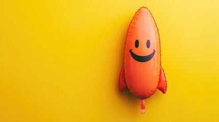Smiling rocket-shaped balloon on yellow background with copy space for text placement