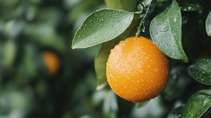 Freshly harvested orange covered in water droplets hanging on a green citrus tree branch with Copy Space for text placement