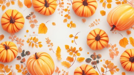 Colorful autumn arrangement with orange pumpkins and dried leaves on white background with Copy Space