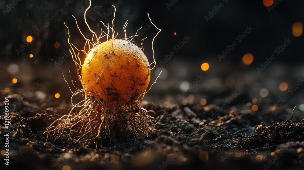 Poster illuminated orange sphere with roots emerging from soil against a dark background with glimmering pa