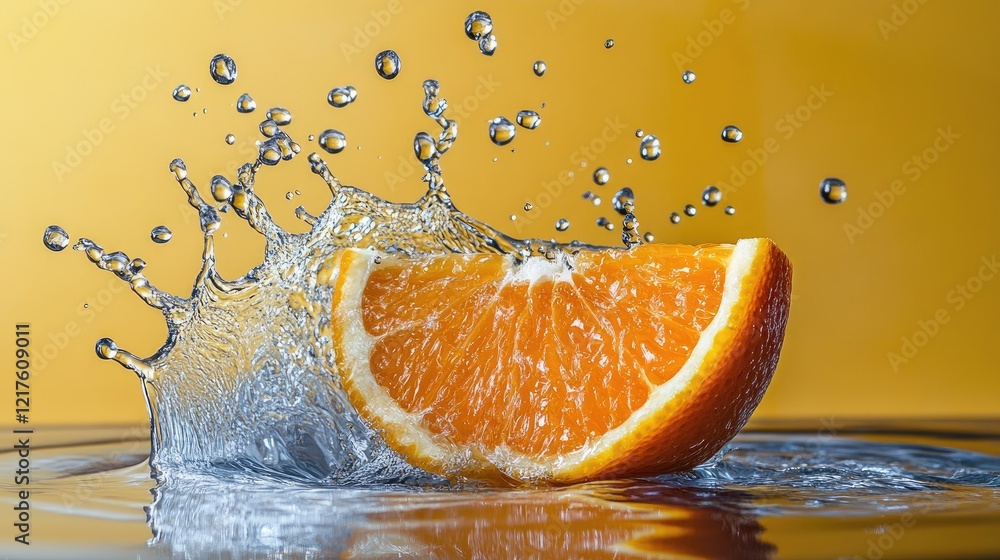 Poster fresh orange slice splashing into water with dynamic droplets on vibrant yellow background and copy 