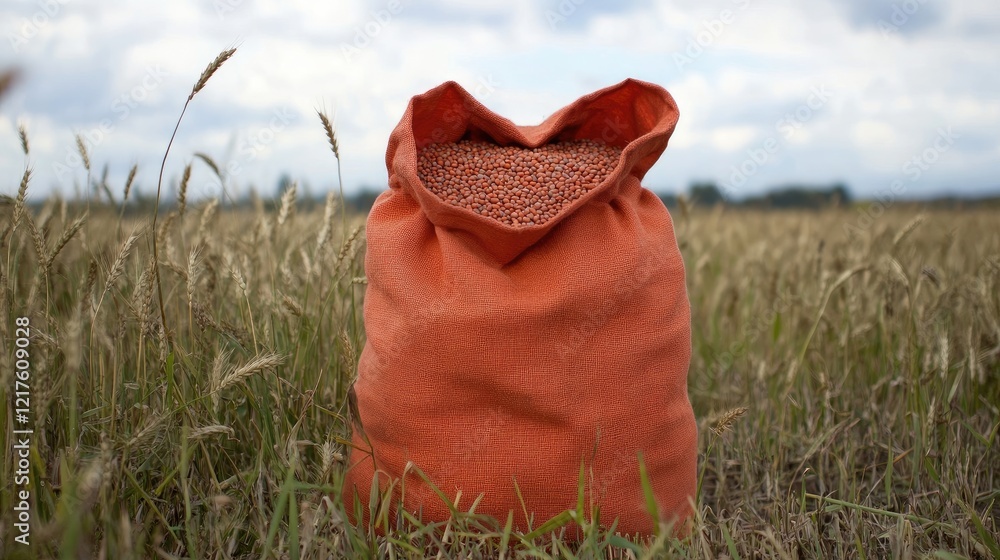 Poster brown burlap sack filled with grains placed in a wheat field under a cloudy sky with ample copy spac