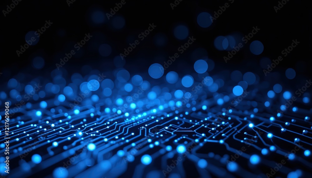 Aufkleber abstract blue circuit board background with glowing dots and bokeh lights on dark black background, 