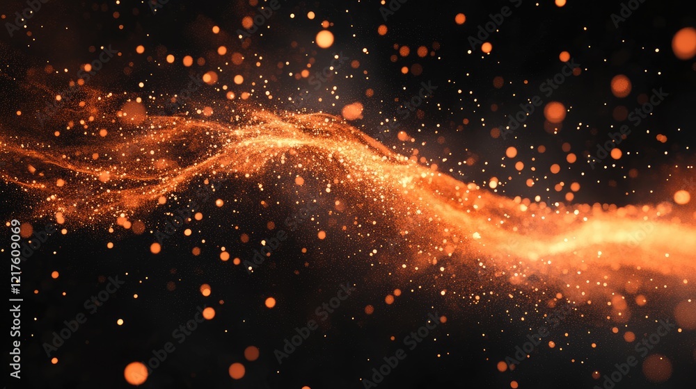 Poster Abstract orange wave of sparkling particles on a dark background with soft bokeh effects and Copy Space for text placement.
