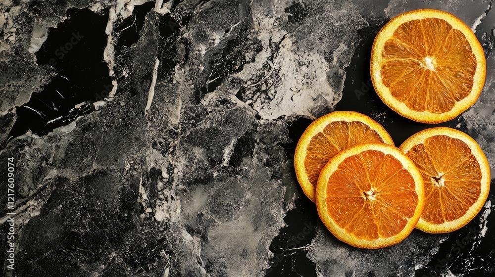 Poster sliced dried orange rounds on dark textured stone background with copy space for text placement