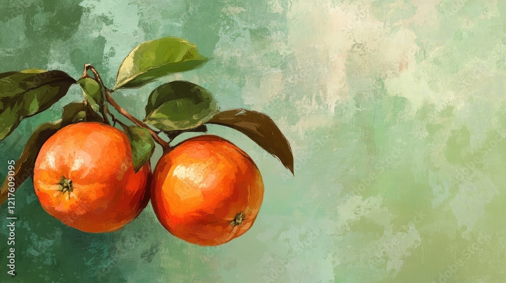 Poster Oranges on branch with green background and textured paint effect featuring copy space for text placement