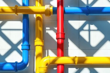 Colorful industrial pipes intersect against a white wall, creating a vibrant geometric pattern.