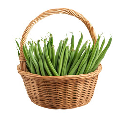 Freshly sliced long beans in a woven basket on a transparent background ready for cooking or serving, Slice long beans in basket isolated on transparent background