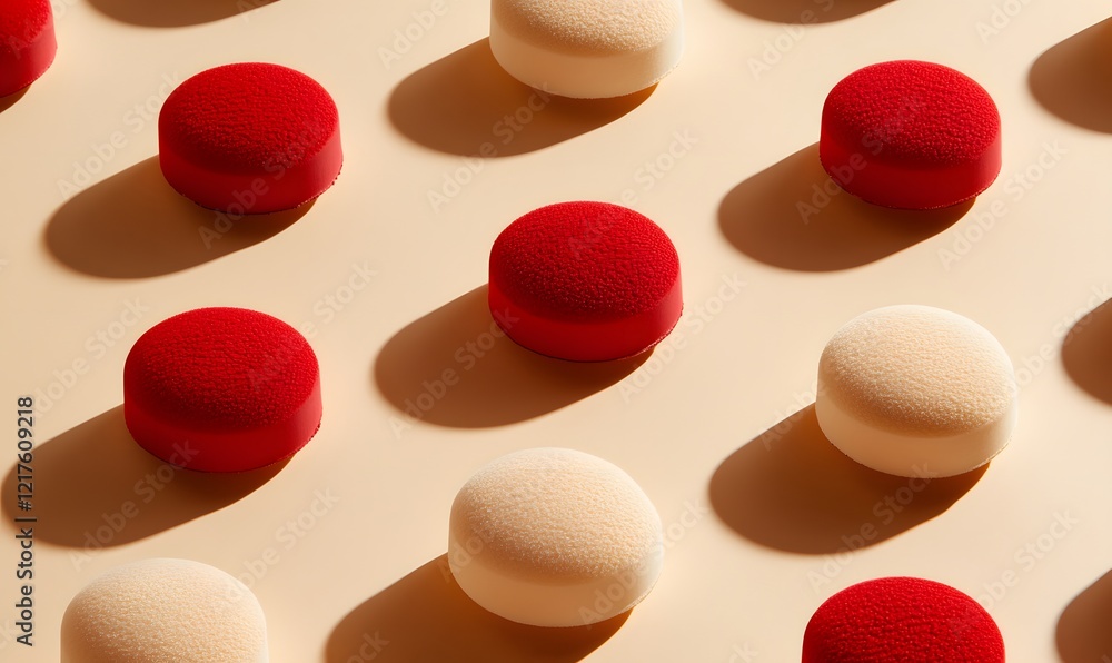 Poster a repeating pattern of red and beige domed shapes with shadows on a plain background