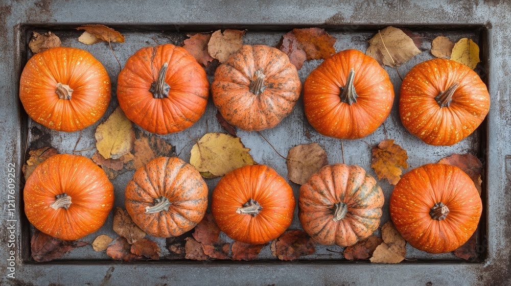Poster pumpkins arranged in a tray with autumn leaves on a rustic background copy space available
