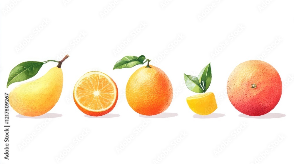 Aufkleber assorted colorful citrus fruits including lemon orange grapefruit and pear on white background with 