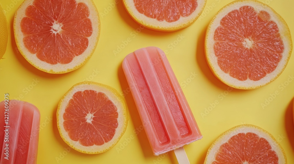 Poster grapefruit slices and pink popsicle on bright yellow background with copy space for text placement