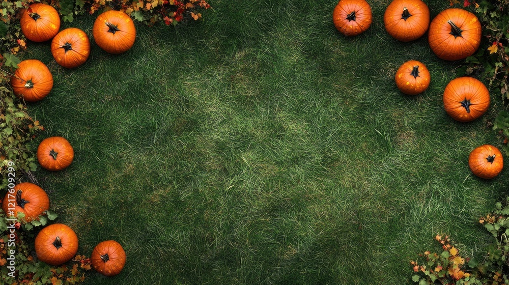 Poster pumpkins scattered on green grass with autumn leaves creating a border and ample copy space for text