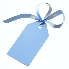 Blue Gift Tag with Ribbon Bow on White Background