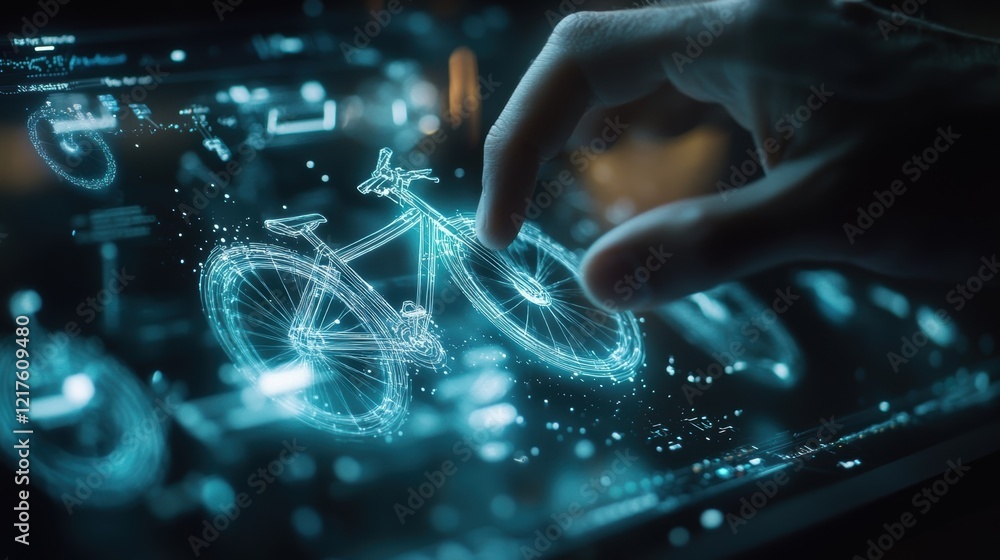 Aufkleber a closeup of a designers fingers swiping and rotating a 3d holographic visualization of a bicycle pr