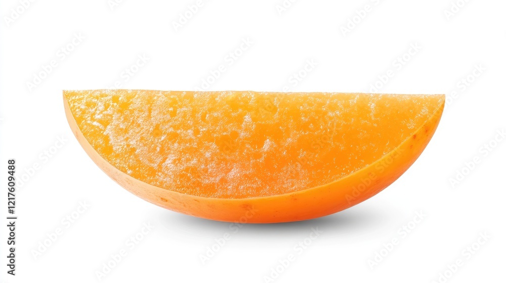 Poster slice of ripe orange melon isolated on white background with visible texture and copy space for text