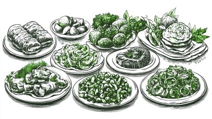 Obraz premium A minimalistic stock illustration featuring a collection of traditional dishes arranged on plates, showcasing various types of food