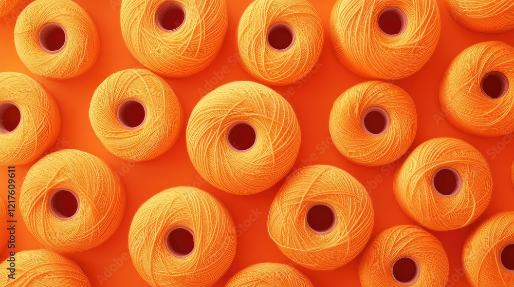 Poster bright orange sewing thread spools arranged in a repeating pattern on an orange background with ampl