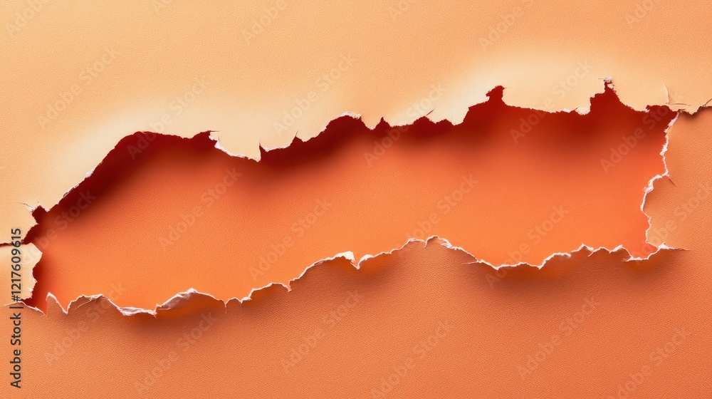 Poster torn piece of orange paper with visible damage and texture showing underlayer with copy space for te