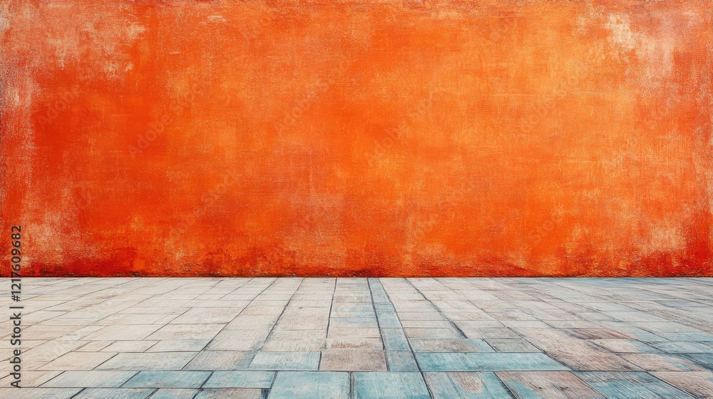 Poster textured orange wall with gray tiled floor and ample copy space for design use