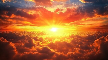 Fototapeta premium Vibrant sunset over clouds with dramatic lighting and color gradient Copy Space