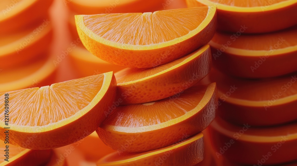 Poster slices of fresh oranges stacked with vibrant colors and textures showcasing detailed cross-sections 