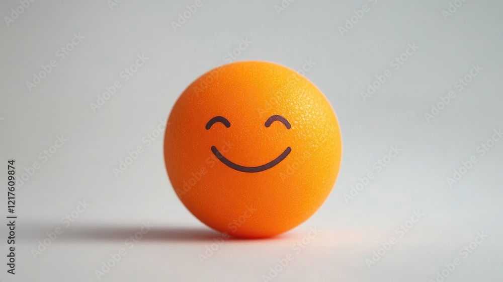 Poster orange ball with a smiling face on a neutral background with ample copy space for text.
