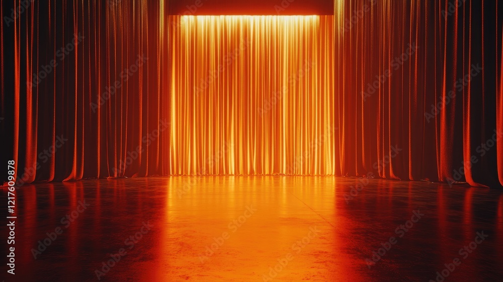 Poster illuminated stage with orange curtains creating a warm atmosphere and copy space for text placement